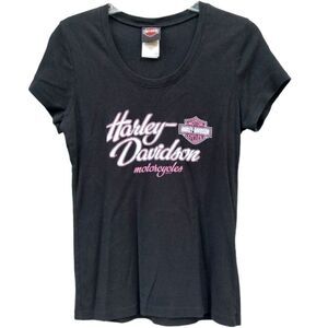 Harley Davidson Short Sleeve Shirt Women Sz L Black Roughrider N Dakota